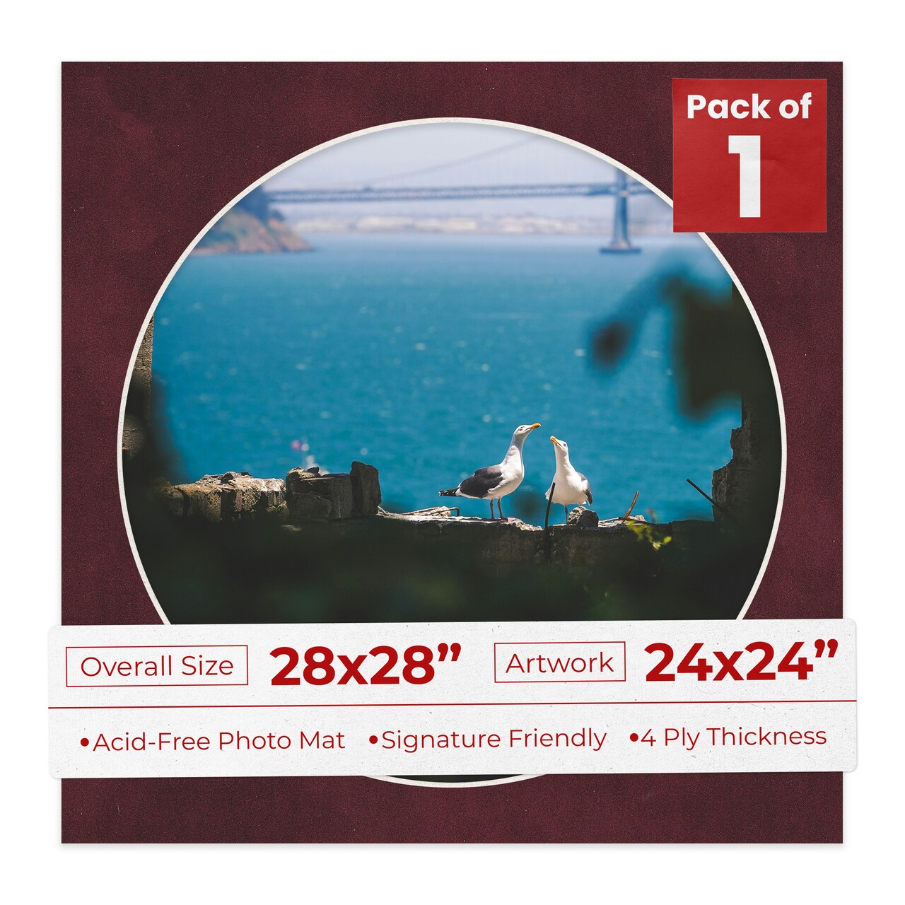 Dark Red Suede Mat Board for 28x28 Frames - Circle Opening for 24x24 Photos